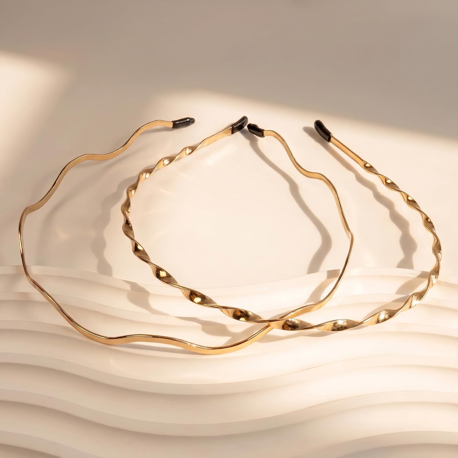 Gold Wavy Twisted Metal Headband Set (2 Piece)