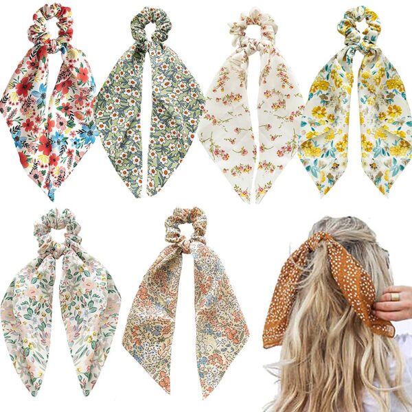 Floral Chiffon Bow Hair Scrunchies (6 Pack)