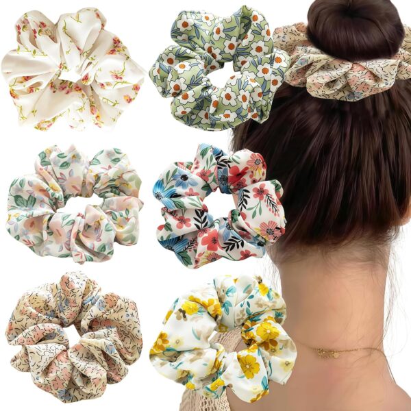 Floral Chiffon Hair Scrunchies (6 Pack)